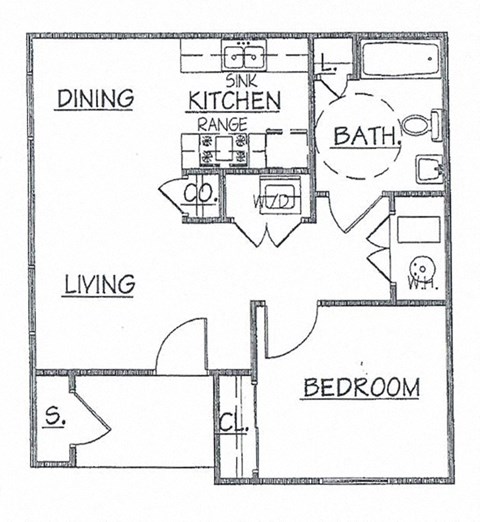 Floor plan for 1 bed, 1 bath, 583 sqft